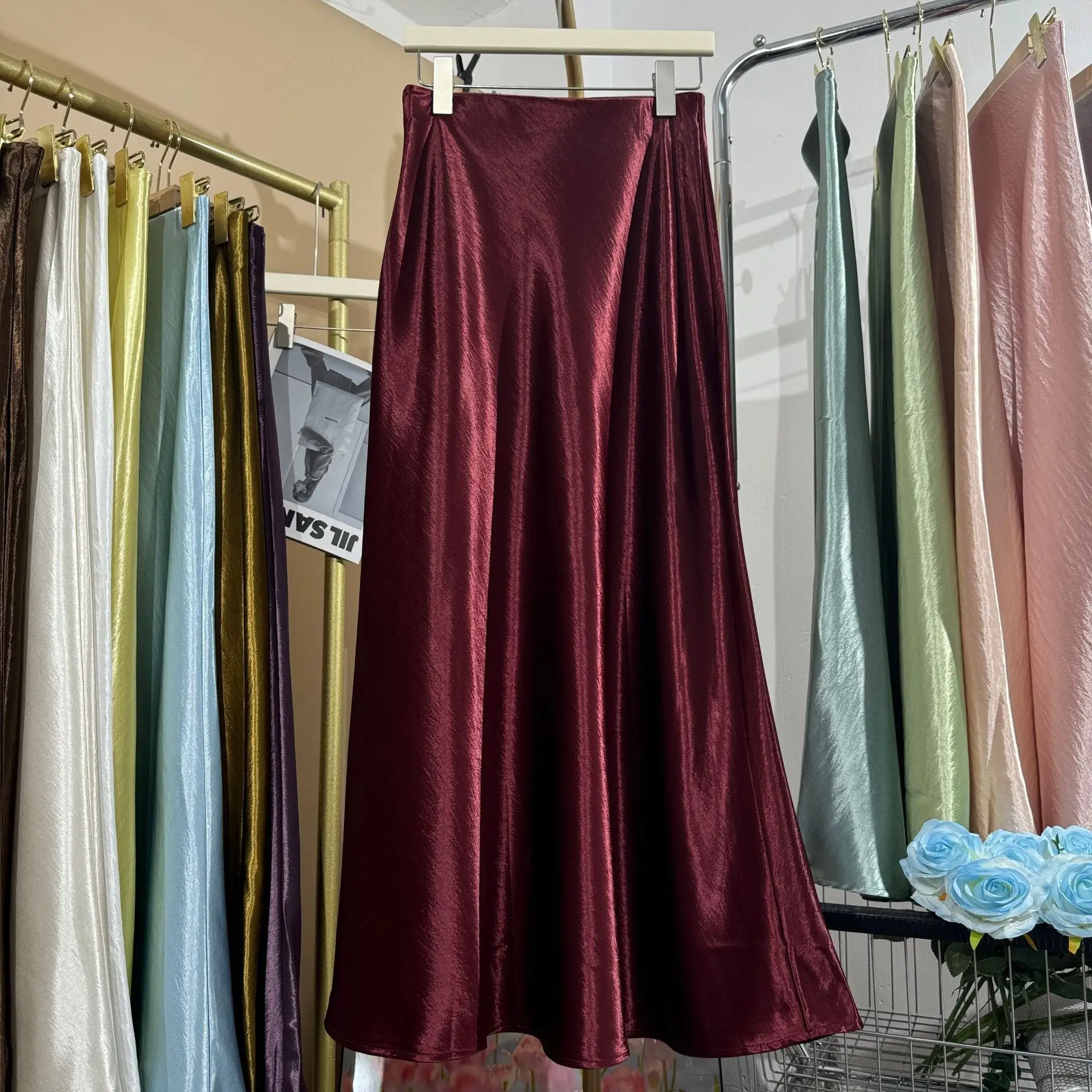 19 Colors 2026 New In Women Spring Summer Gloss Satin Long Skirts Female Fashion Elegant High Waist Faldas