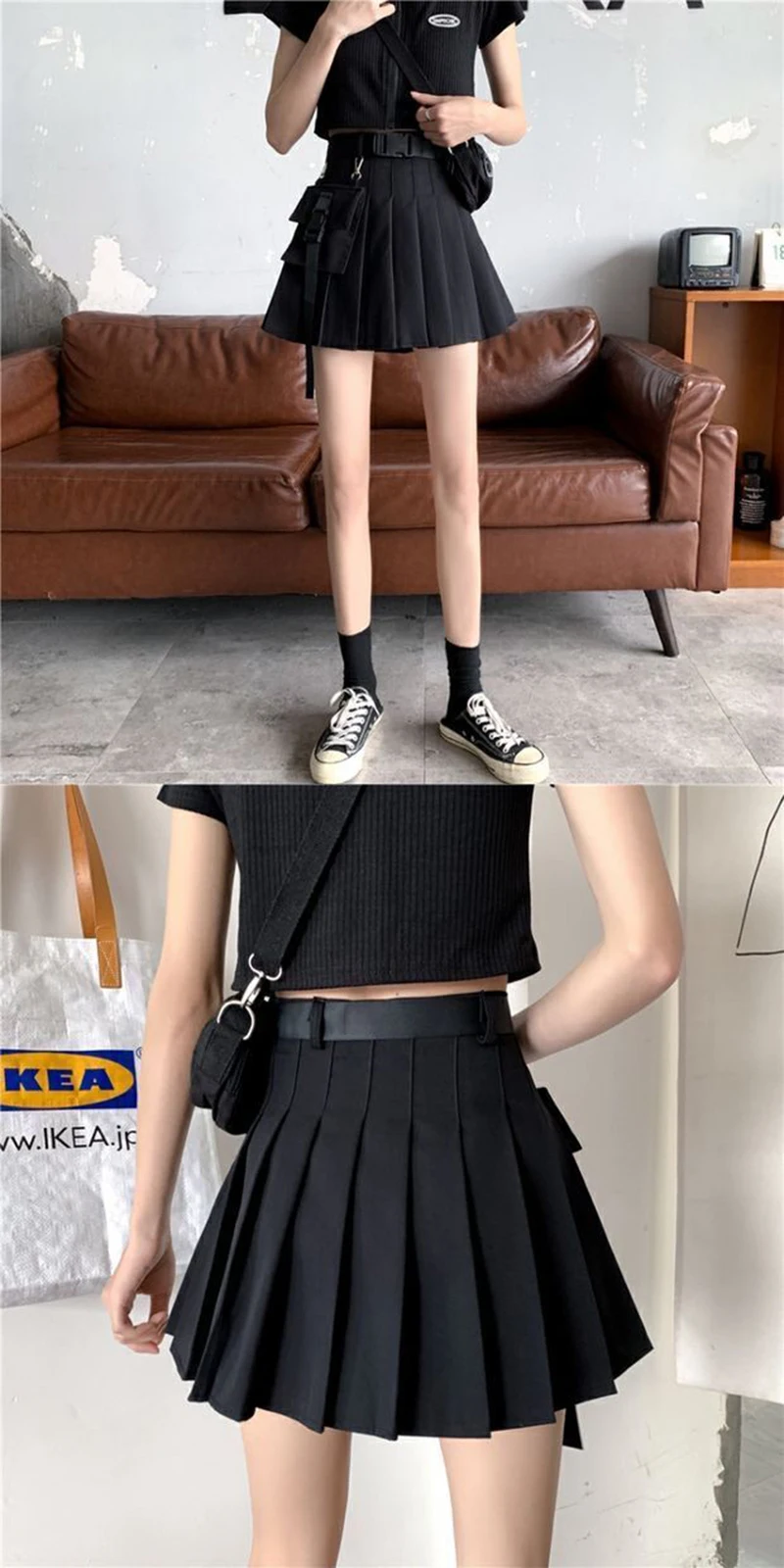 Zoki Harajuku Belt Pleated Cargo Skirt Women Fashion Gothic High Waist Pocket Mini Skirts Fashion Summer Lady A Line Black Skirt