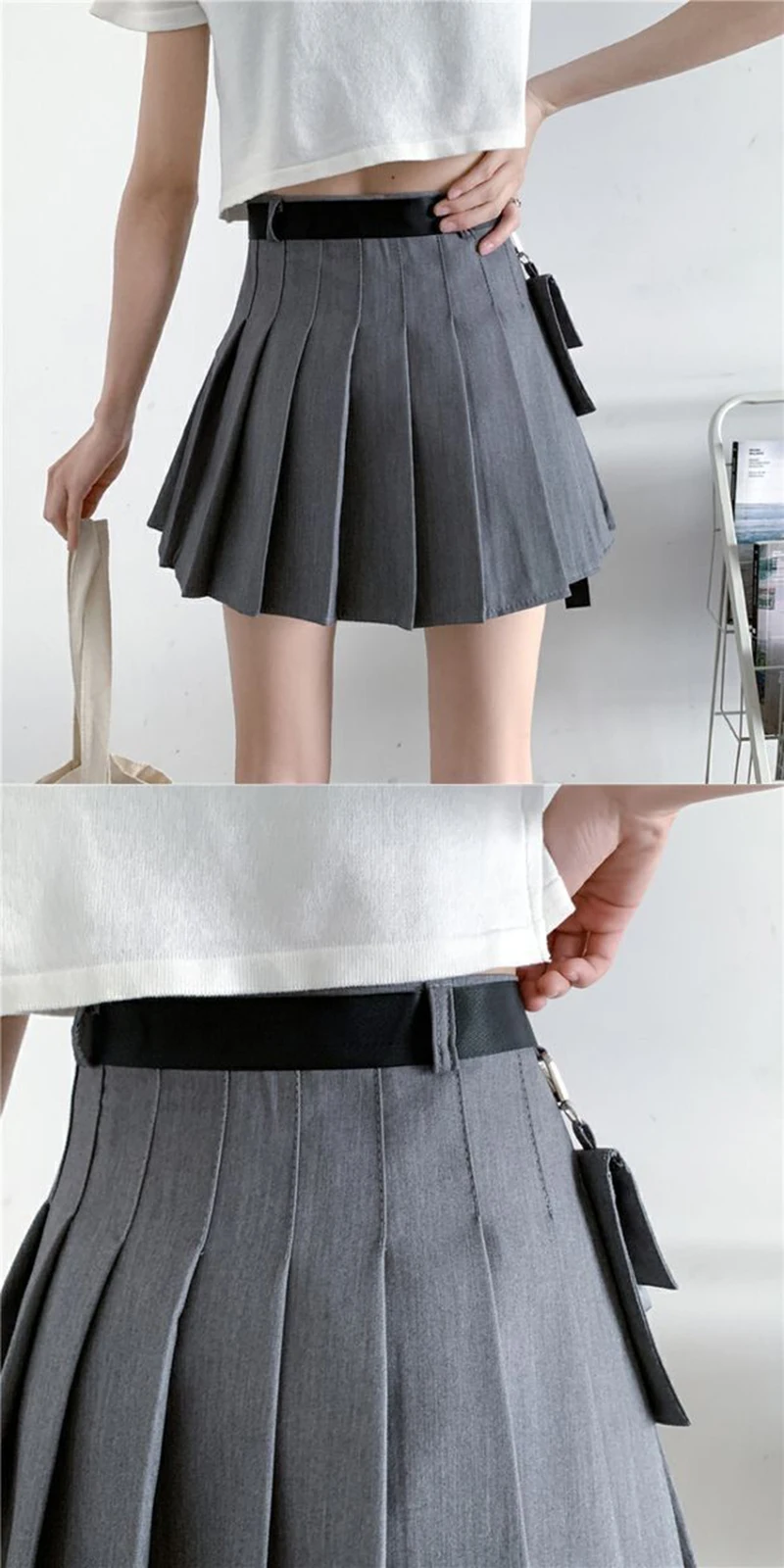 Zoki Harajuku Belt Pleated Cargo Skirt Women Fashion Gothic High Waist Pocket Mini Skirts Fashion Summer Lady A Line Black Skirt