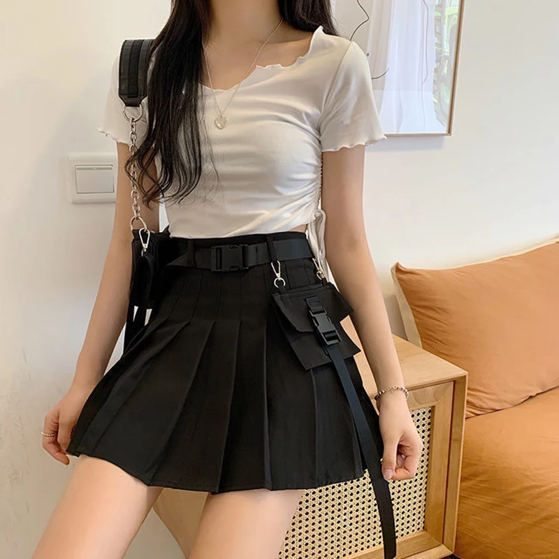 Zoki Harajuku Belt Pleated Cargo Skirt Women Fashion Gothic High Waist Pocket Mini Skirts Fashion Summer Lady A Line Black Skirt