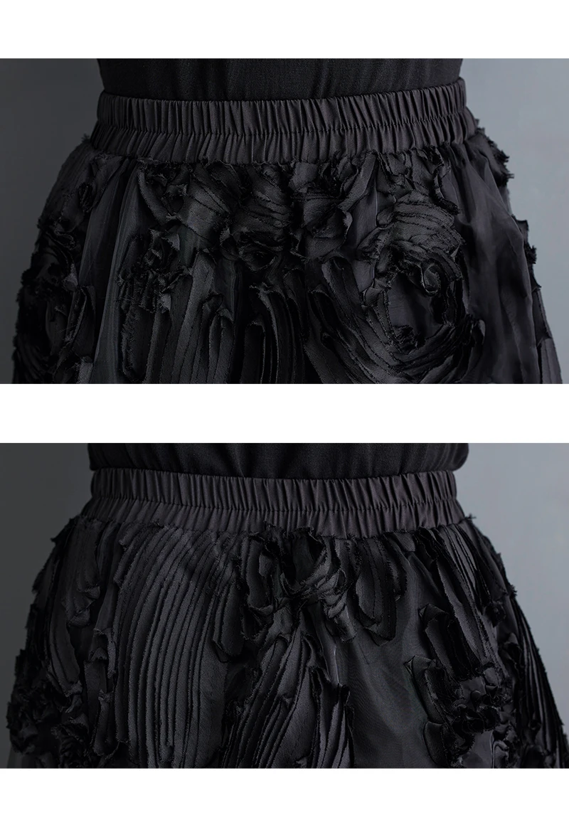 Black Skirt for Women Summer Fashin Heavyweight Chic Design Pleated A-line Easy Match Elastic Waist Dress Female Creative Skirt