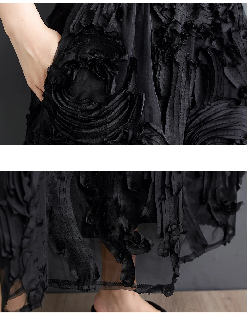 Black Skirt for Women Summer Fashin Heavyweight Chic Design Pleated A-line Easy Match Elastic Waist Dress Female Creative Skirt