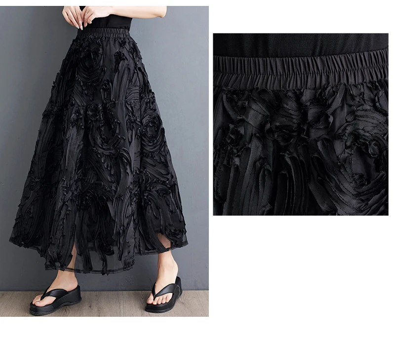 Black Skirt for Women Summer Fashin Heavyweight Chic Design Pleated A-line Easy Match Elastic Waist Dress Female Creative Skirt