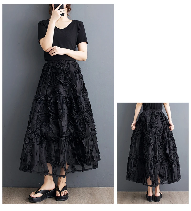 Black Skirt for Women Summer Fashin Heavyweight Chic Design Pleated A-line Easy Match Elastic Waist Dress Female Creative Skirt