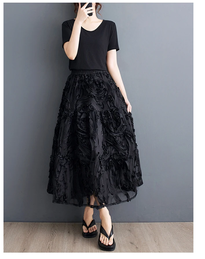 Black Skirt for Women Summer Fashin Heavyweight Chic Design Pleated A-line Easy Match Elastic Waist Dress Female Creative Skirt