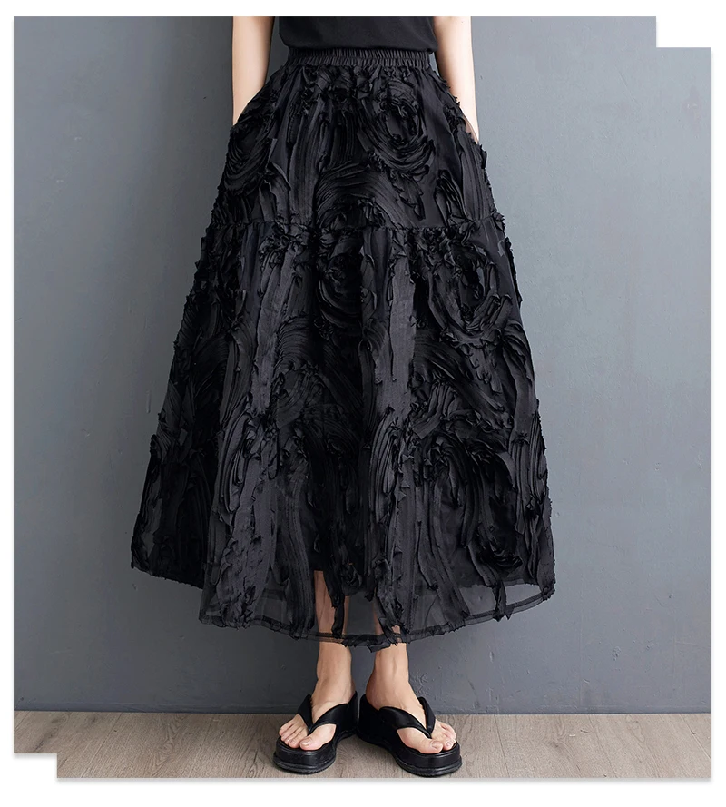 Black Skirt for Women Summer Fashin Heavyweight Chic Design Pleated A-line Easy Match Elastic Waist Dress Female Creative Skirt