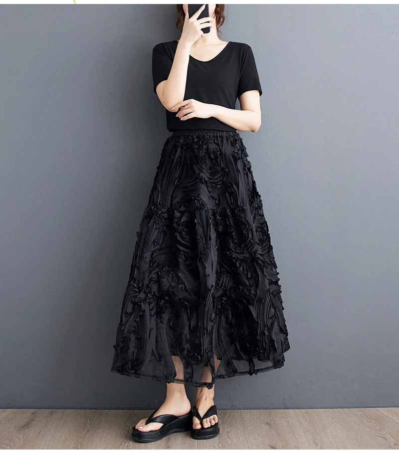 Black Skirt for Women Summer Fashin Heavyweight Chic Design Pleated A-line Easy Match Elastic Waist Dress Female Creative Skirt