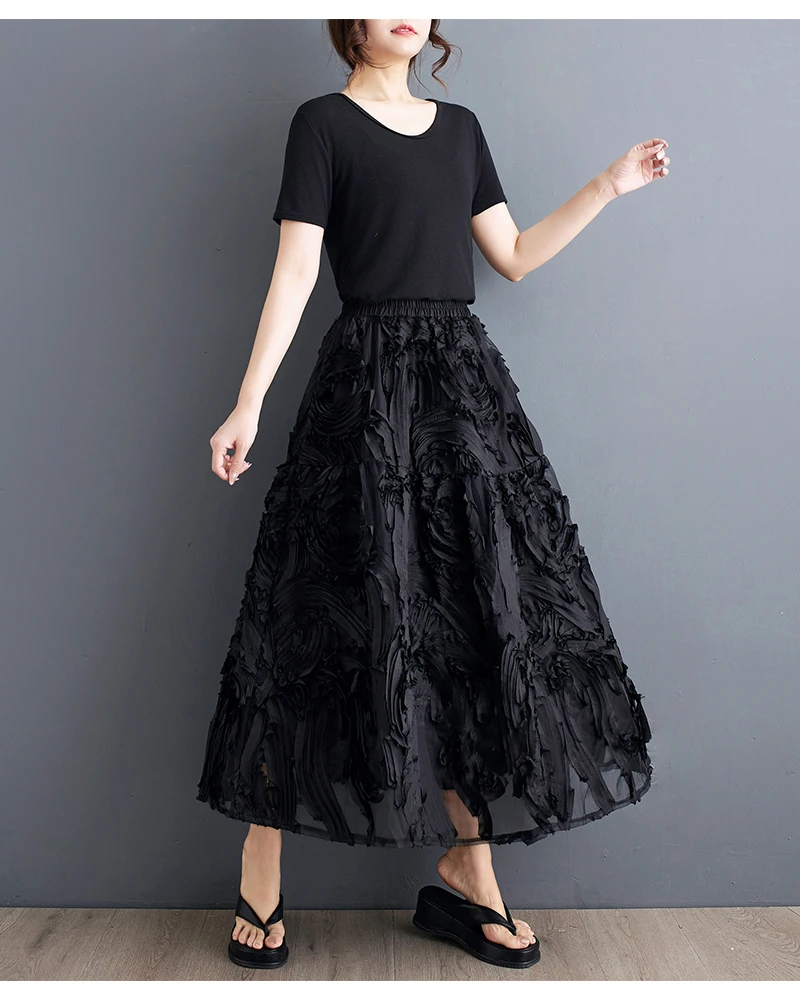 Black Skirt for Women Summer Fashin Heavyweight Chic Design Pleated A-line Easy Match Elastic Waist Dress Female Creative Skirt