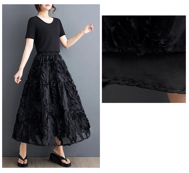 Black Skirt for Women Summer Fashin Heavyweight Chic Design Pleated A-line Easy Match Elastic Waist Dress Female Creative Skirt