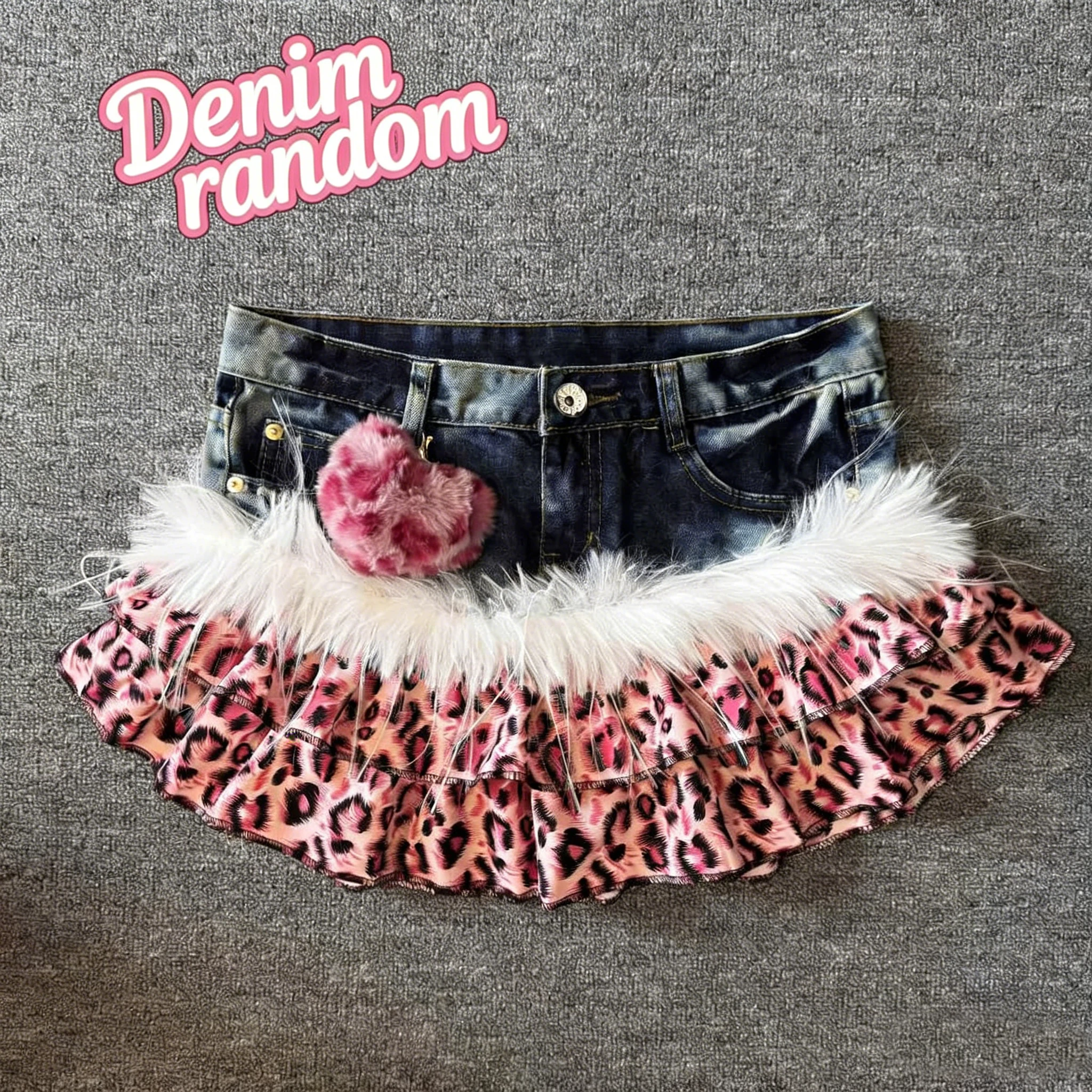 Y2K High Street Pink Panther Vintage Cowboy Splicing Short Skirts Fashion Leopard Pattern Millennium Abi Spicy Girl Half Skirts
