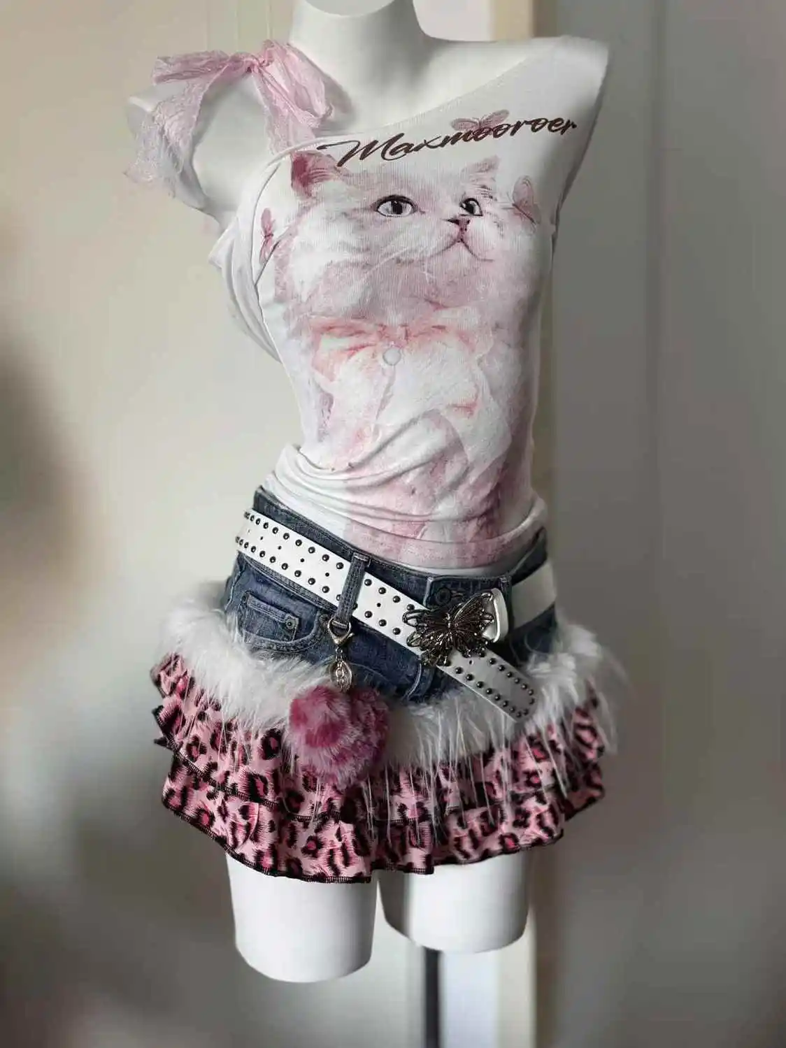 Y2K High Street Pink Panther Vintage Cowboy Splicing Short Skirts Fashion Leopard Pattern Millennium Abi Spicy Girl Half Skirts
