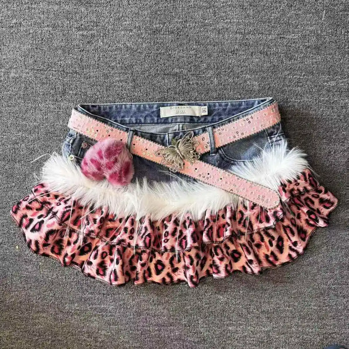 Y2K High Street Pink Panther Vintage Cowboy Splicing Short Skirts Fashion Leopard Pattern Millennium Abi Spicy Girl Half Skirts