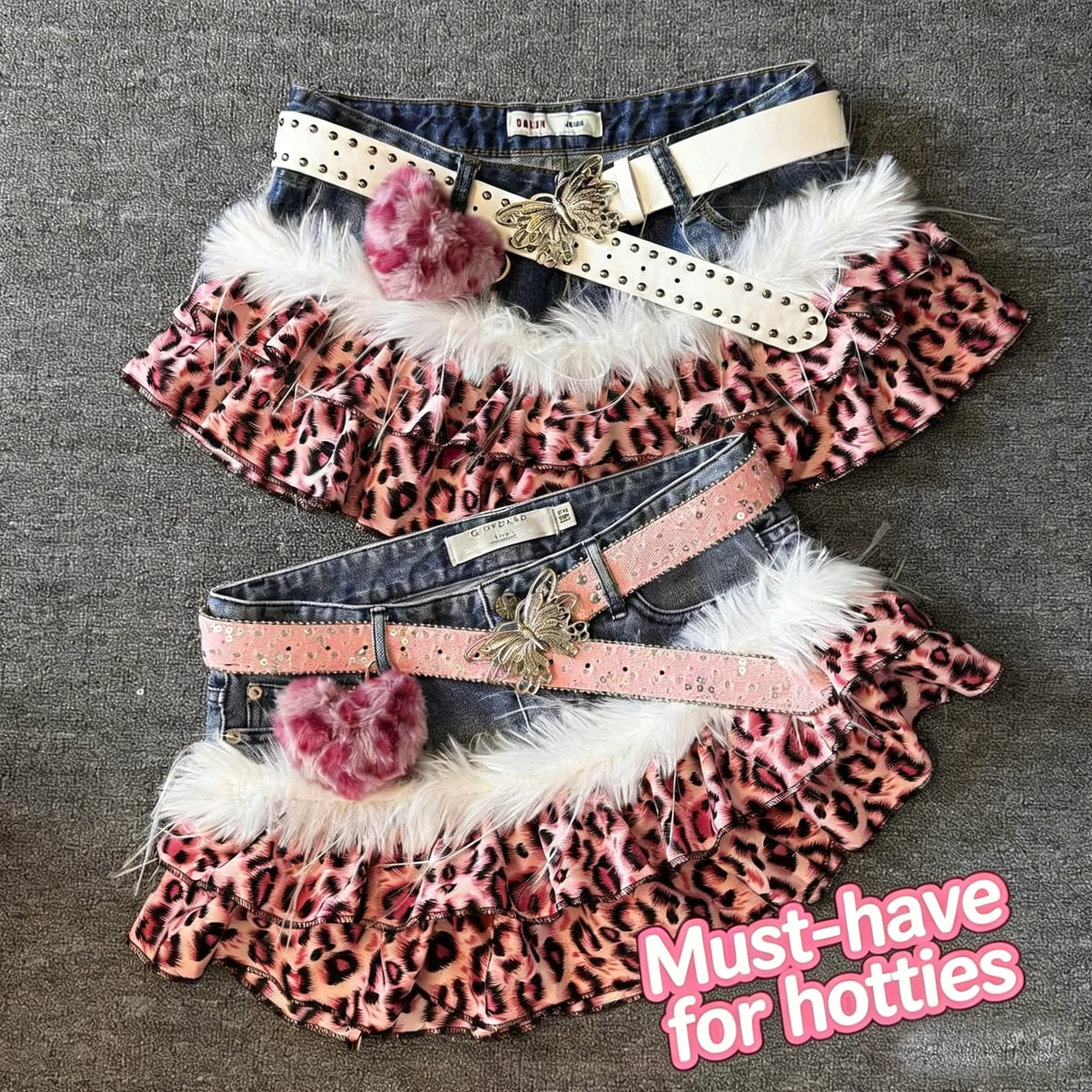 Y2K High Street Pink Panther Vintage Cowboy Splicing Short Skirts Fashion Leopard Pattern Millennium Abi Spicy Girl Half Skirts