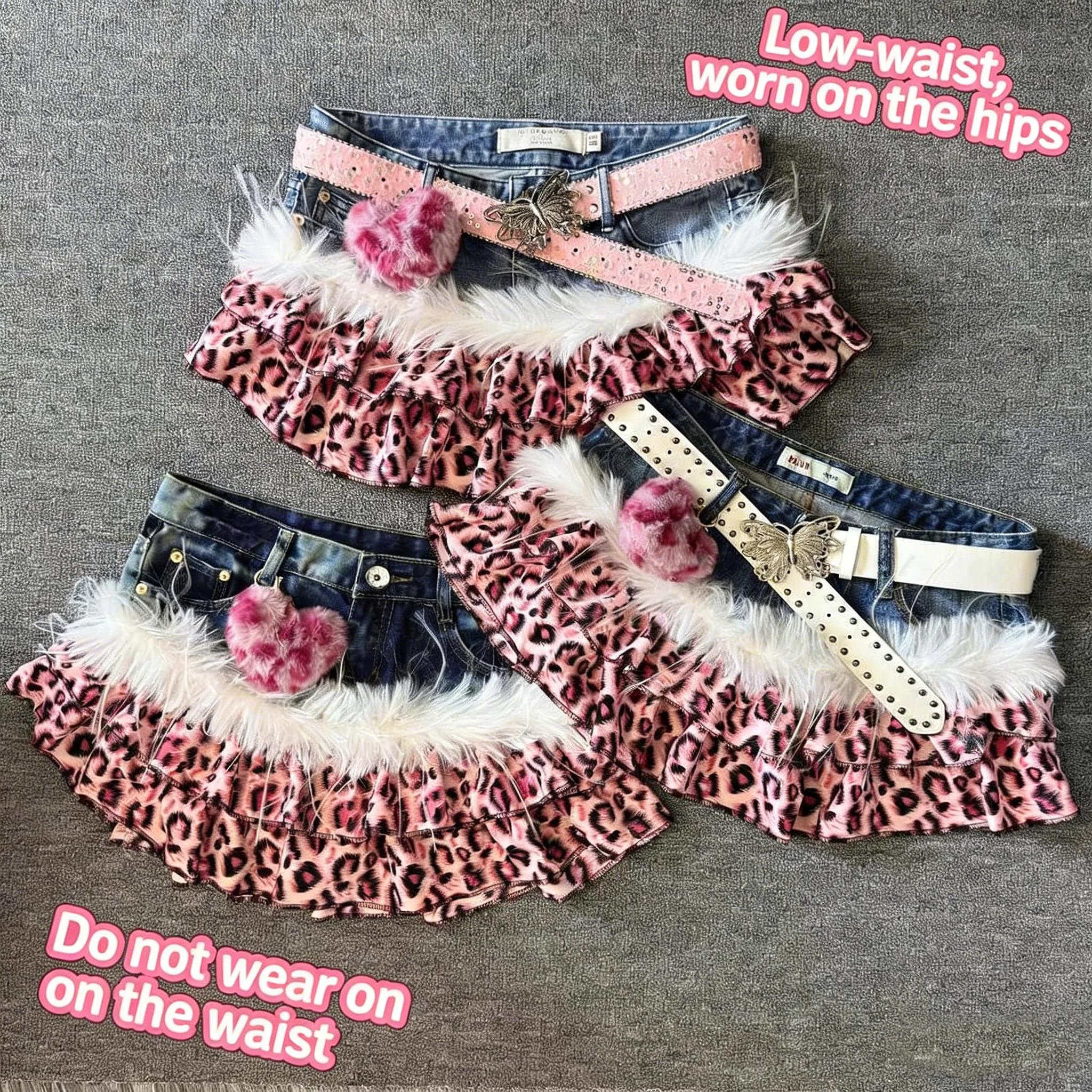 Y2K High Street Pink Panther Vintage Cowboy Splicing Short Skirts Fashion Leopard Pattern Millennium Abi Spicy Girl Half Skirts
