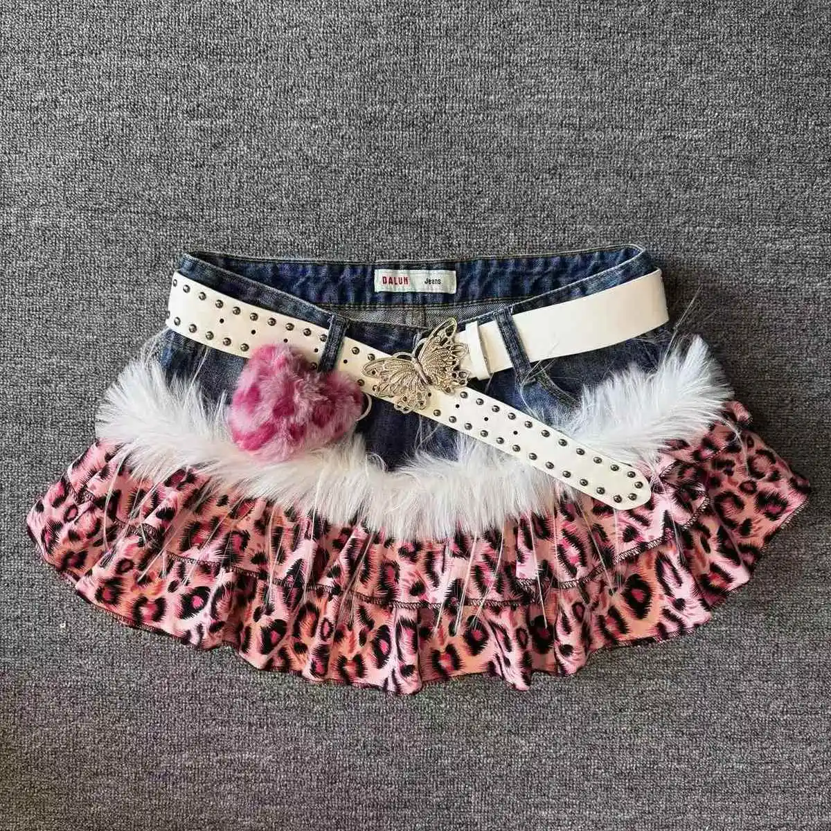 Y2K High Street Pink Panther Vintage Cowboy Splicing Short Skirts Fashion Leopard Pattern Millennium Abi Spicy Girl Half Skirts
