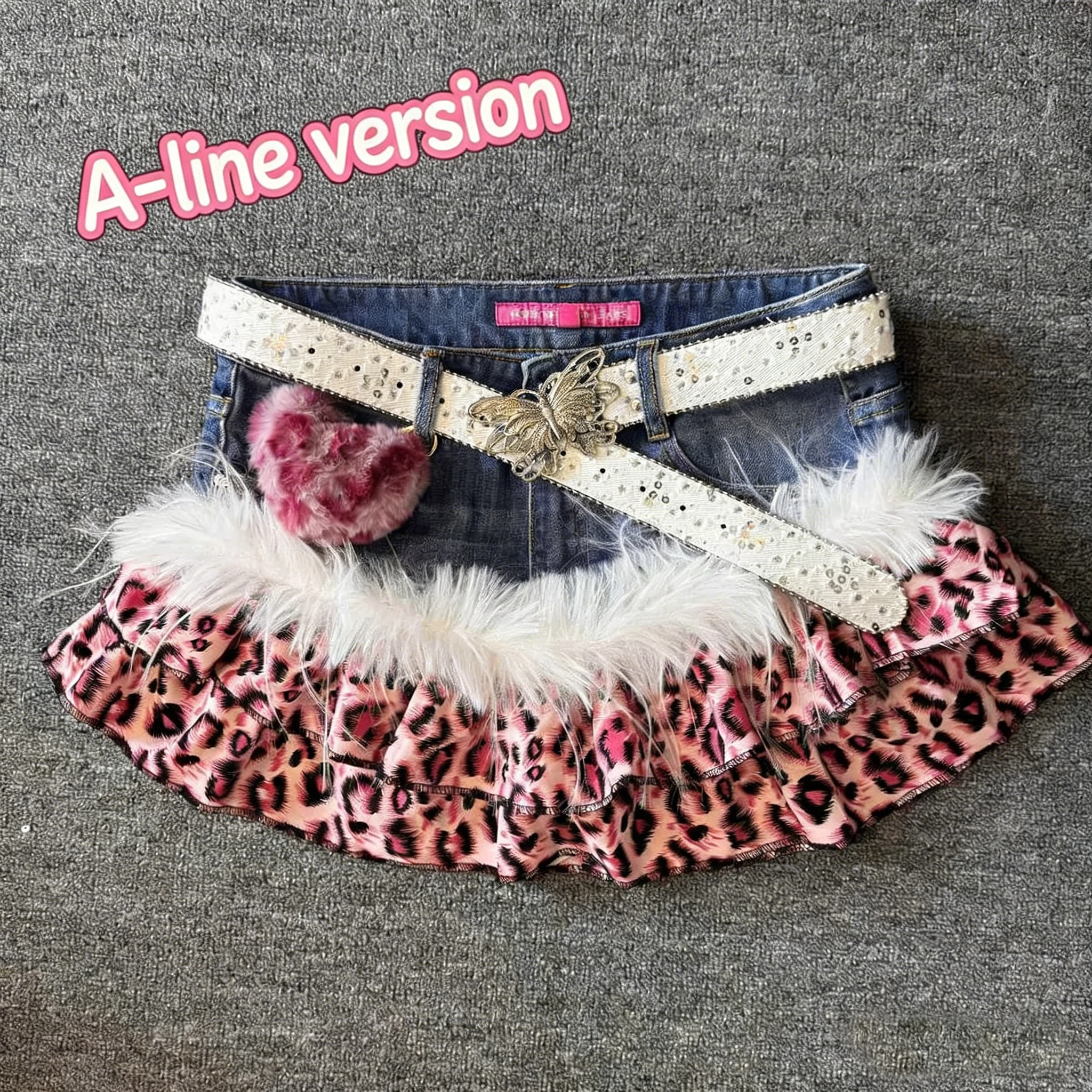 Y2K High Street Pink Panther Vintage Cowboy Splicing Short Skirts Fashion Leopard Pattern Millennium Abi Spicy Girl Half Skirts