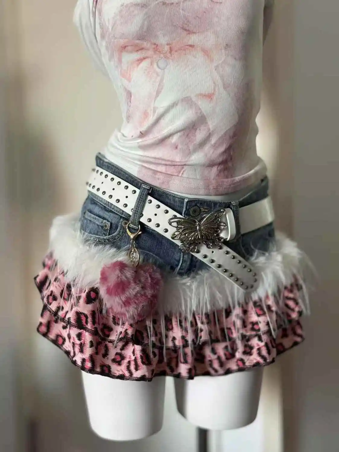 Y2K High Street Pink Panther Vintage Cowboy Splicing Short Skirts Fashion Leopard Pattern Millennium Abi Spicy Girl Half Skirts