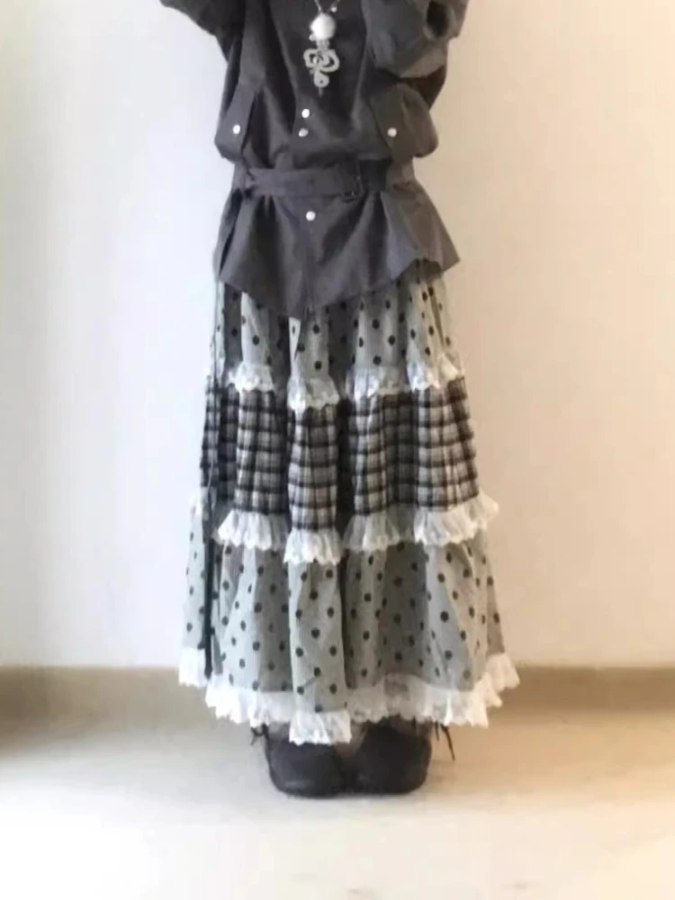 Japanese Elegant Retro Plaid Wave Point Skirts Women Lace Patchwork Ruffles A-line Skirts Harajuku Design Korean Popular Clothes
