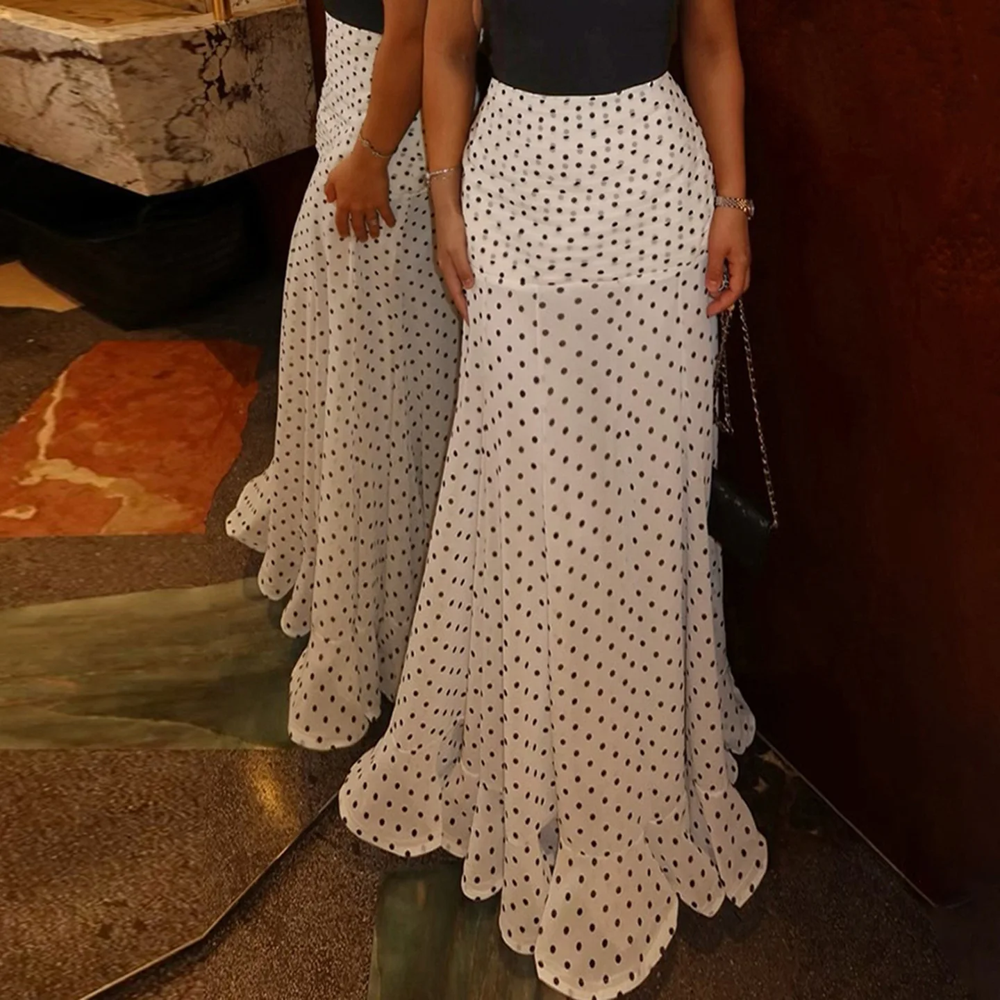 Elegant White Polka Dot Maxi Skirt Women High Waist Slim Ruffled Mermaid Skirt 2026 Summer Chic Y2k Party Long Skirts Streetwear