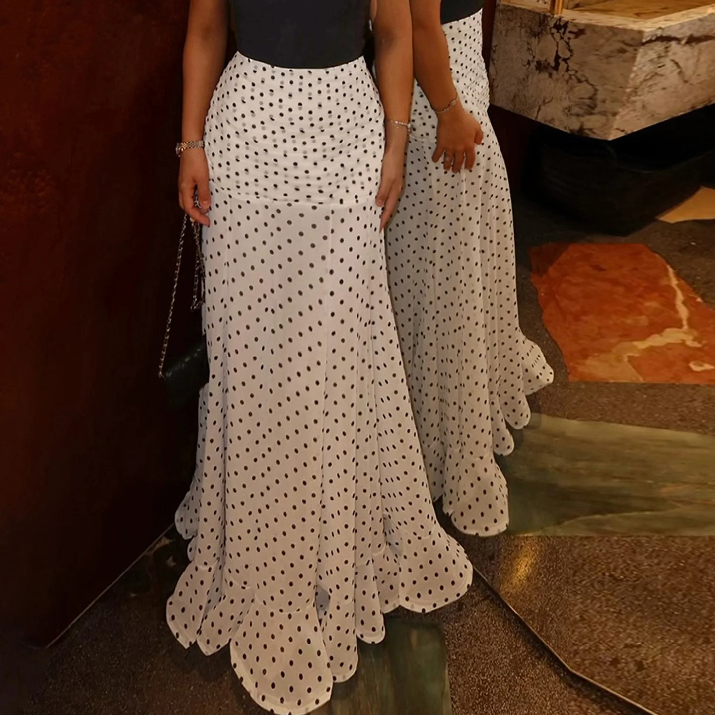 Elegant White Polka Dot Maxi Skirt Women High Waist Slim Ruffled Mermaid Skirt 2026 Summer Chic Y2k Party Long Skirts Streetwear