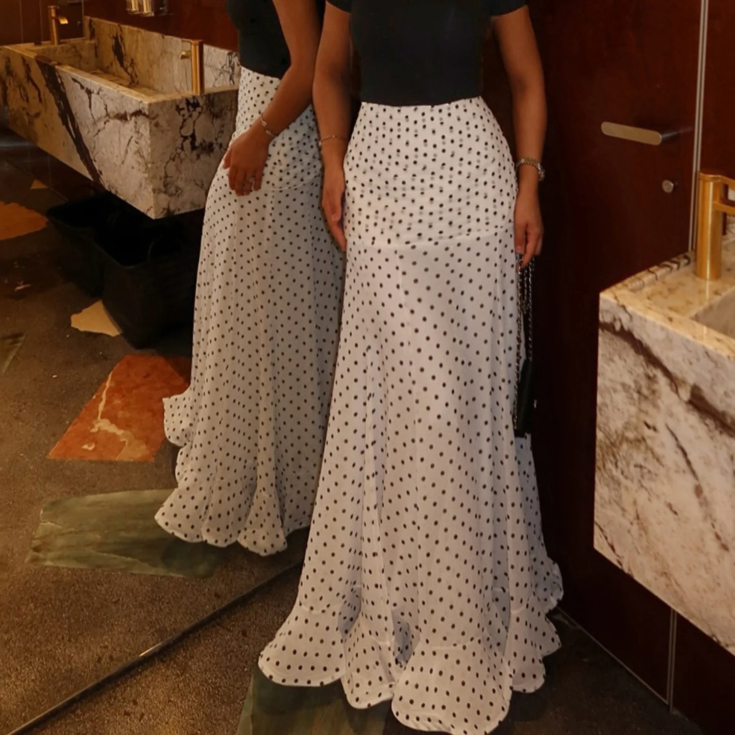 Elegant White Polka Dot Maxi Skirt Women High Waist Slim Ruffled Mermaid Skirt 2026 Summer Chic Y2k Party Long Skirts Streetwear