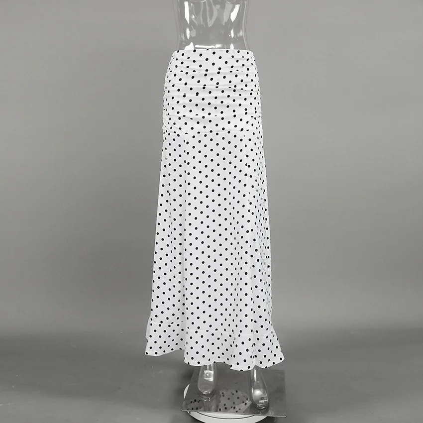 Elegant White Polka Dot Maxi Skirt Women High Waist Slim Ruffled Mermaid Skirt 2026 Summer Chic Y2k Party Long Skirts Streetwear