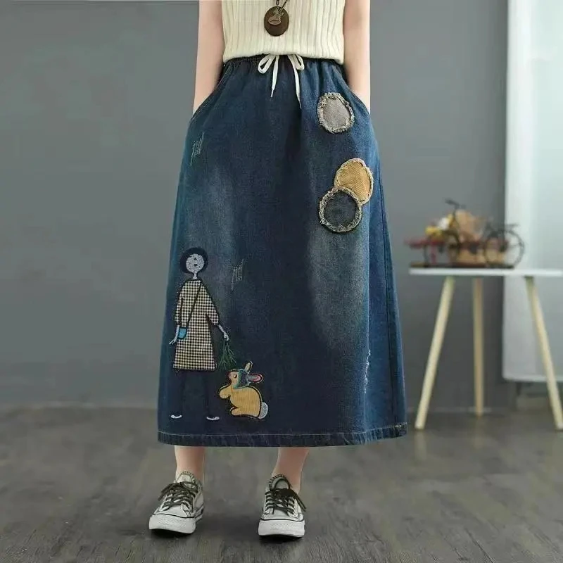 Summer New High Waist A-line Cowboy Skirt for Women Embroidery Slimming Versatile Fashion European American Style Half Skirts