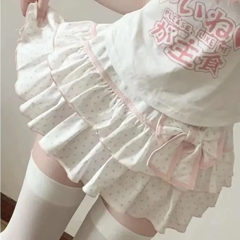 Wave Point Printing Kawaii Mini Skirts Women Y2K Aesthetic Sweet Ruffles High Waist Bow Skirt Cake Jupe Gothic Faldas Summer