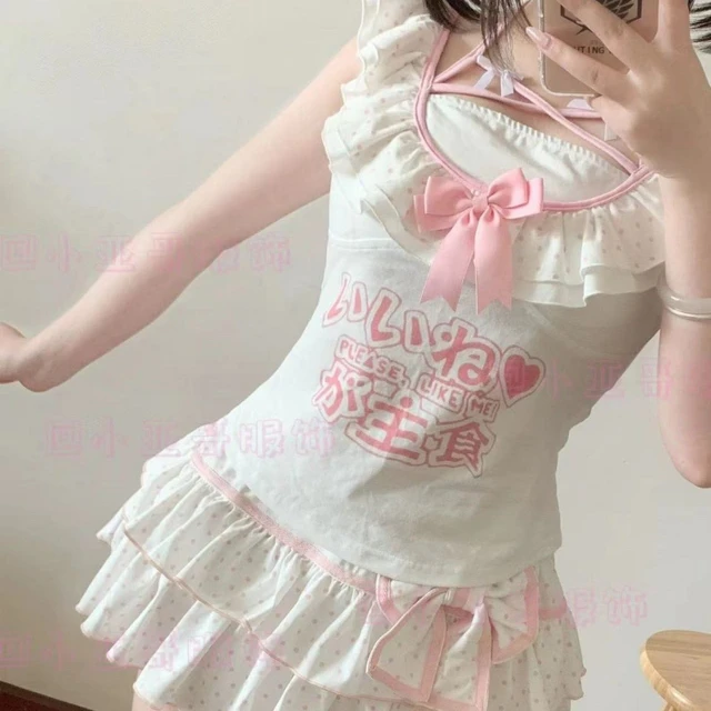 Wave Point Printing Kawaii Mini Skirts Women Y2K Aesthetic Sweet Ruffles High Waist Bow Skirt Cake Jupe Gothic Faldas Summer