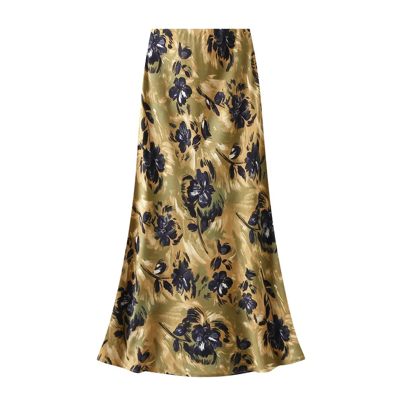 Women Summer Fashion Floral Print Satin Long Skirts 2025 Female Trendy Luxury Elegant Vacation Style Faldas