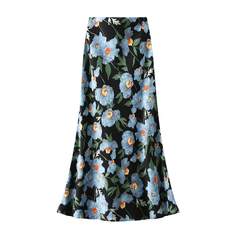 Women Summer Fashion Floral Print Satin Long Skirts 2025 Female Trendy Luxury Elegant Vacation Style Faldas