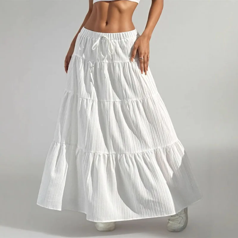 Summer Women White Long Skirt Solid Basic Lace Up Bow Low-Waisted Big Swing Skirts Female Street Casual Loose Spliced Maxi Dress