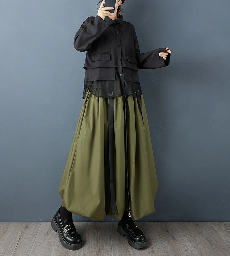 Black Vintage Zipper Pleated High Waist Skirt Women New Plus Size Fashion Loose Casual Long Skirts Clothes Sping Autumn 2026