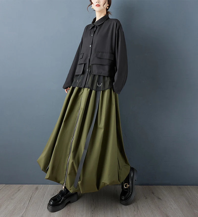 Black Vintage Zipper Pleated High Waist Skirt Women New Plus Size Fashion Loose Casual Long Skirts Clothes Sping Autumn 2026