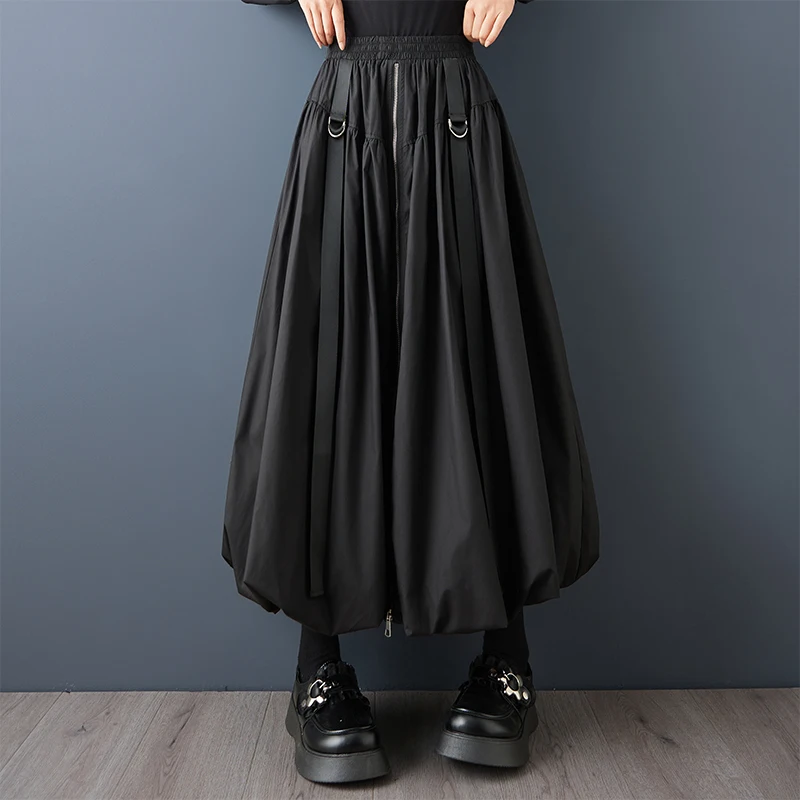 Black Vintage Zipper Pleated High Waist Skirt Women New Plus Size Fashion Loose Casual Long Skirts Clothes Sping Autumn 2026