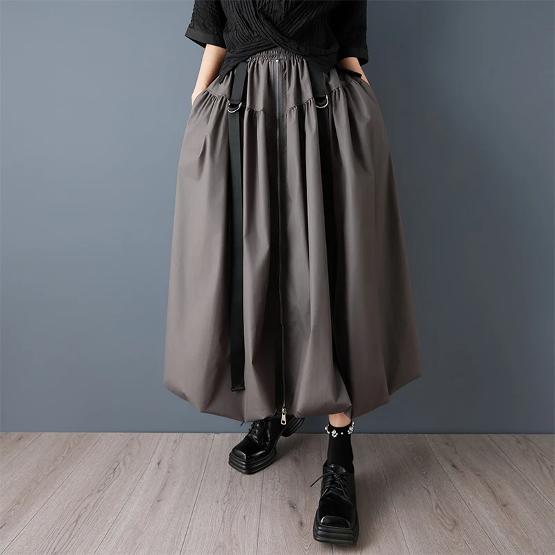 Black Vintage Zipper Pleated High Waist Skirt Women New Plus Size Fashion Loose Casual Long Skirts Clothes Sping Autumn 2026