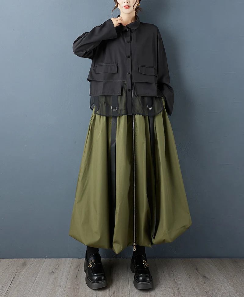 Black Vintage Zipper Pleated High Waist Skirt Women New Plus Size Fashion Loose Casual Long Skirts Clothes Sping Autumn 2026