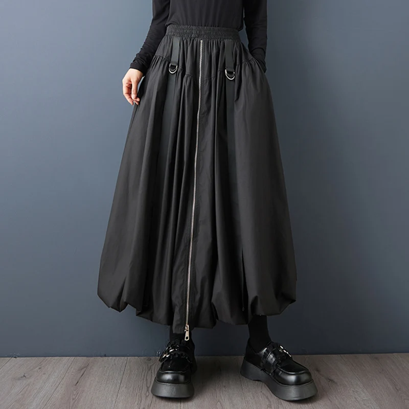 Black Vintage Zipper Pleated High Waist Skirt Women New Plus Size Fashion Loose Casual Long Skirts Clothes Sping Autumn 2026