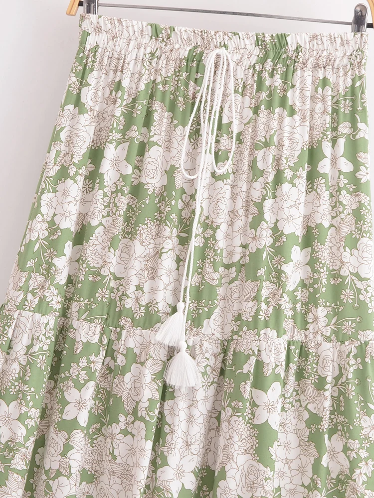Vintage Boho Floral Print Tassel Maxi Skirt High Elastic A-Line Hippie Beach Summer Drawstring Waist Long Skirt