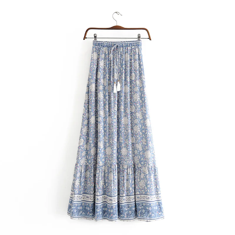 Vintage Boho Floral Print Tassel Maxi Skirt High Elastic A-Line Hippie Beach Summer Drawstring Waist Long Skirt