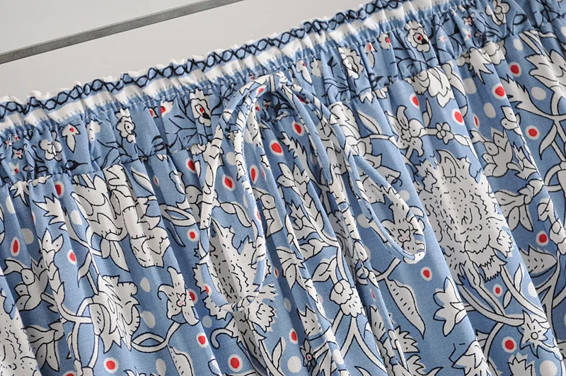 Vintage Boho Floral Print Tassel Maxi Skirt High Elastic A-Line Hippie Beach Summer Drawstring Waist Long Skirt