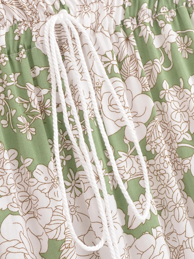 Vintage Boho Floral Print Tassel Maxi Skirt High Elastic A-Line Hippie Beach Summer Drawstring Waist Long Skirt