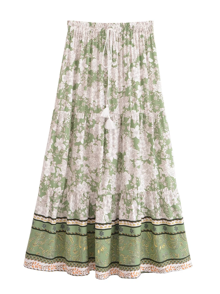 Vintage Boho Floral Print Tassel Maxi Skirt High Elastic A-Line Hippie Beach Summer Drawstring Waist Long Skirt