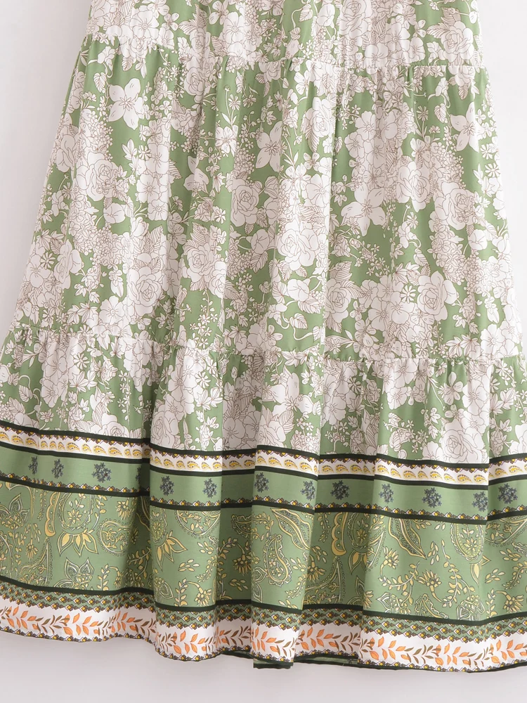 Vintage Boho Floral Print Tassel Maxi Skirt High Elastic A-Line Hippie Beach Summer Drawstring Waist Long Skirt