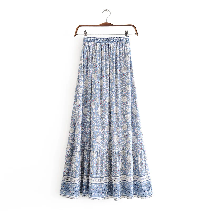 Vintage Boho Floral Print Tassel Maxi Skirt High Elastic A-Line Hippie Beach Summer Drawstring Waist Long Skirt