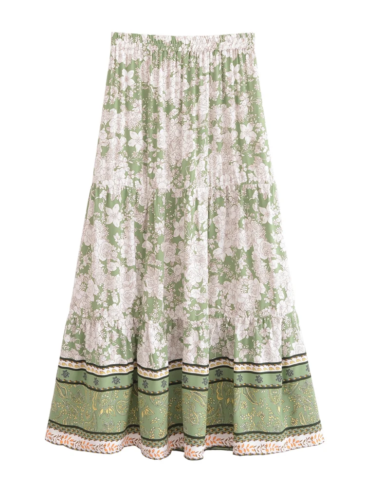 Vintage Boho Floral Print Tassel Maxi Skirt High Elastic A-Line Hippie Beach Summer Drawstring Waist Long Skirt
