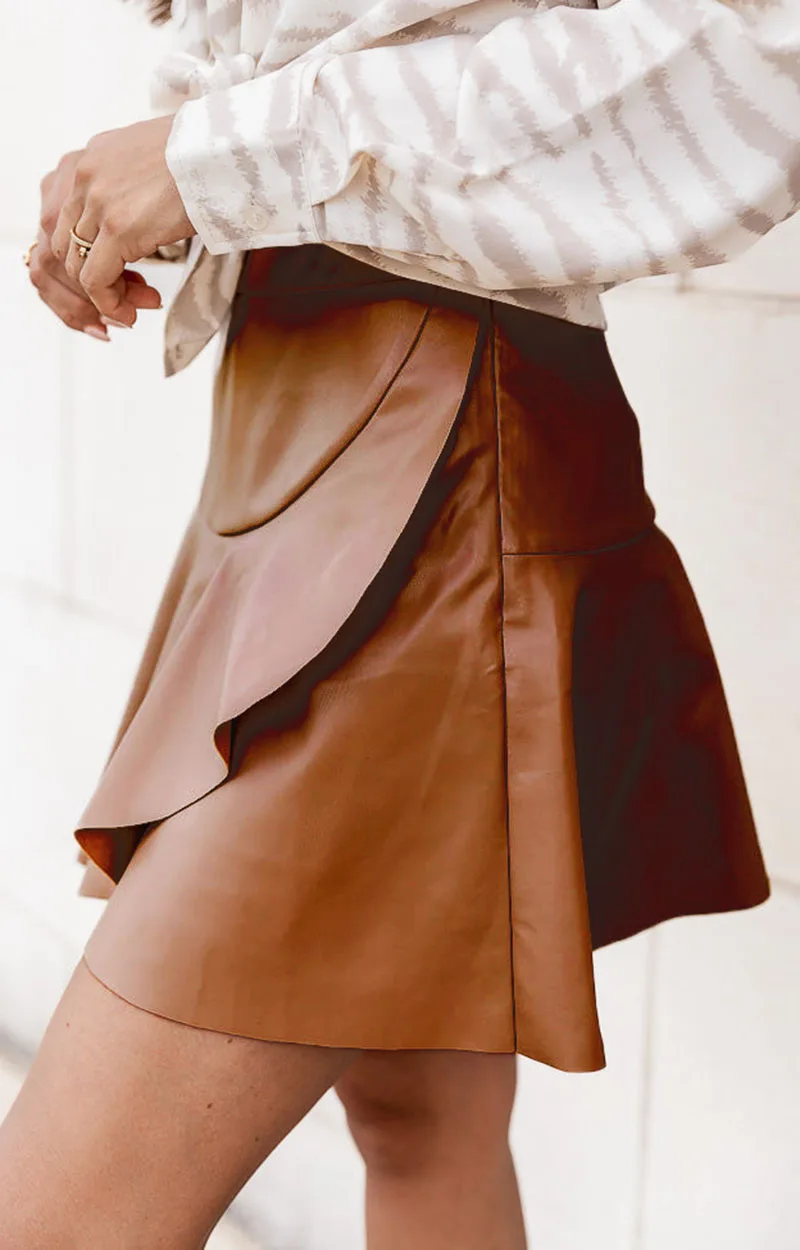 Women Faux Leather Skirts Elastic High Waist Ruffles Spliced Pleated Short Skirt Female Sexy Nightclub PU Leather Mini Skirt