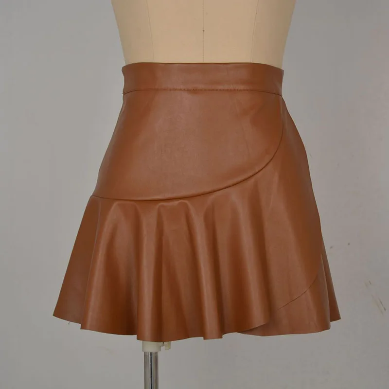 Women Faux Leather Skirts Elastic High Waist Ruffles Spliced Pleated Short Skirt Female Sexy Nightclub PU Leather Mini Skirt