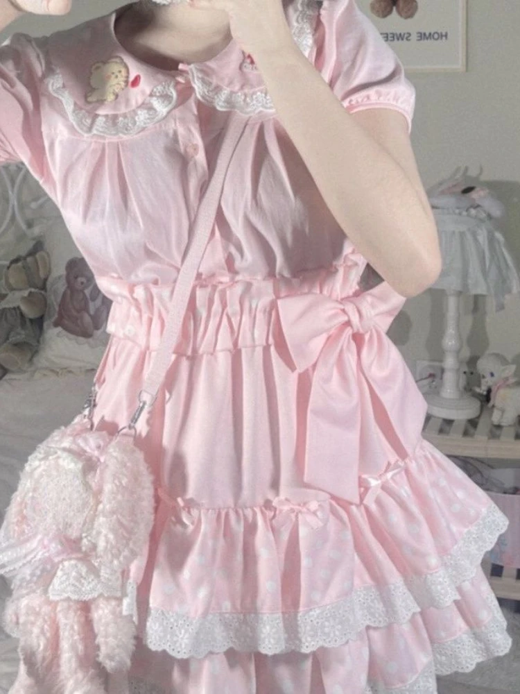 Summer Sweet Bow Lolita Cake Skirts Womens Kawai Lace Ruffle Pleated Skirt Japan Elegant High Waist A-Line Y2k Party Short Skirt