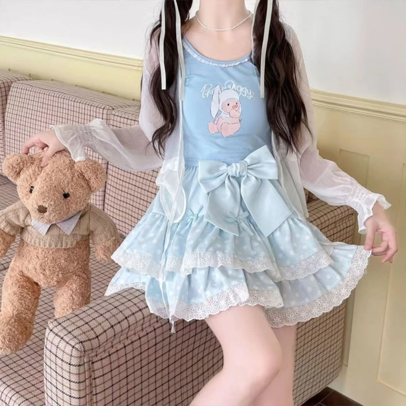Summer Sweet Bow Lolita Cake Skirts Womens Kawai Lace Ruffle Pleated Skirt Japan Elegant High Waist A-Line Y2k Party Short Skirt